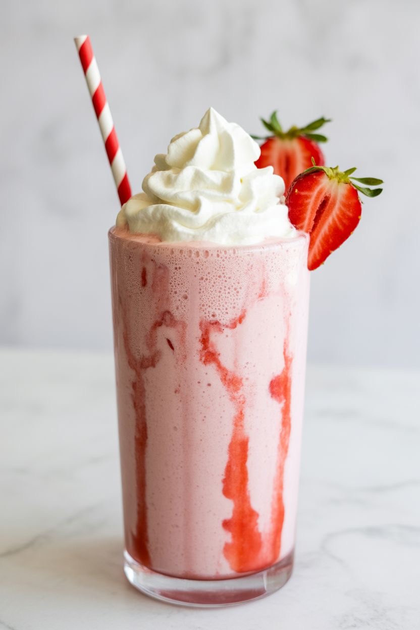 Frisch gemixter Erdbeer-Milchshake mit Sahne und frischen Erdbeeren