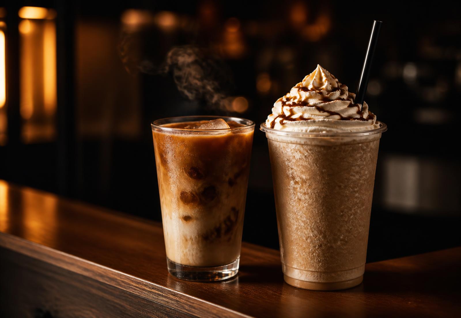 Eiskaffee und Frappé mit Sahne auf einem Holztresen im Cafe Mocca